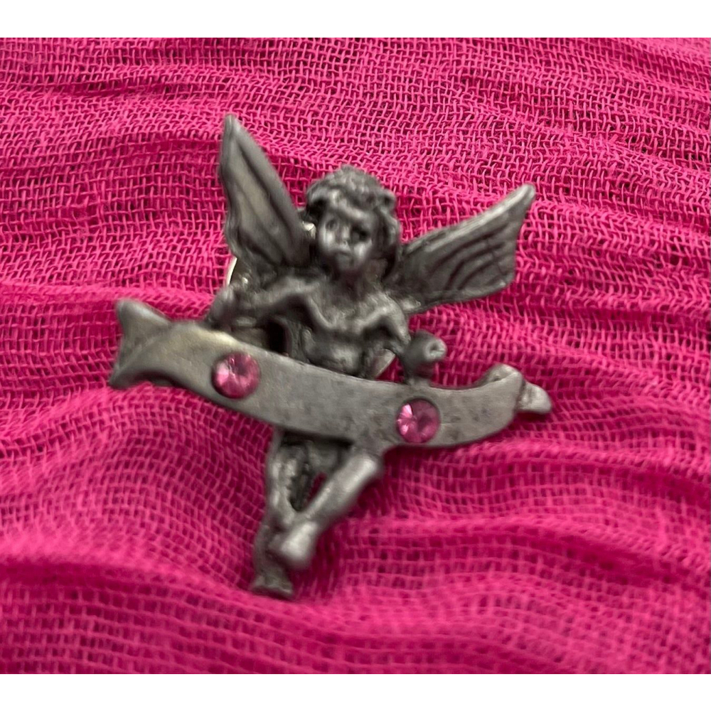 Angel Pin with Pink Stones. Vintage Pewter Avon Lapel pin